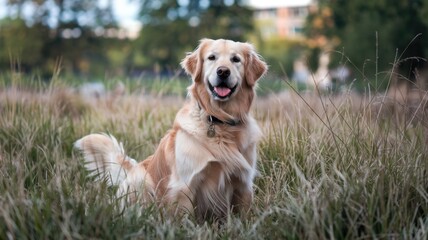 Happy golden retriever sitting in tall grass under a clear blue sky.