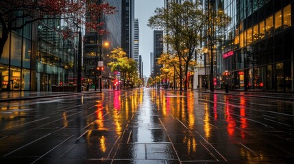 Rainy Urban Street with Colorful Reflections at Dusk