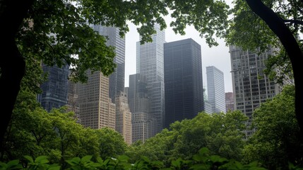 Obraz premium Urban Landscape Framed by Lush Greenery in City Park