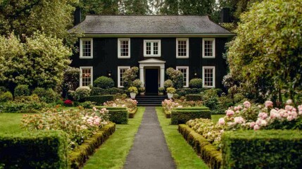 Classic Black Home Surrounded by Lush Garden