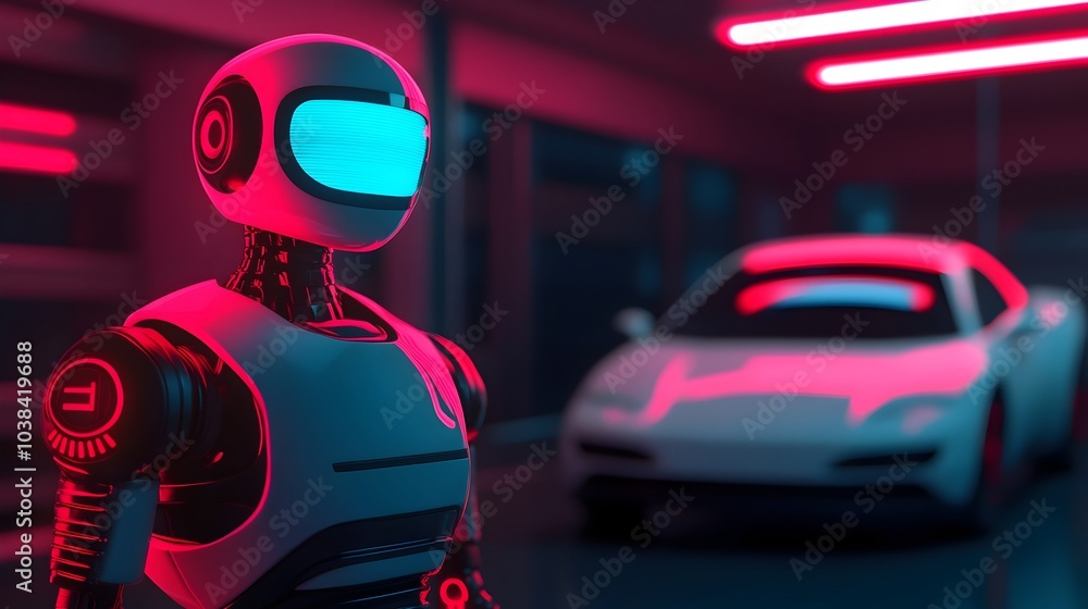 Poster futuristic robotic mechanic inspecting and repairing a floating car in a sleek high tech garage illu