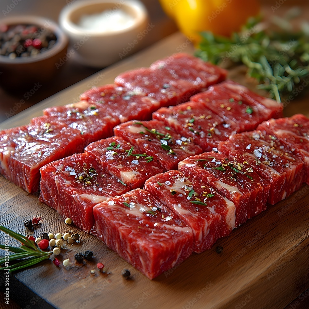 Aufkleber freshly prepared organic beef slices neatly arranged on a rustic butcher block surrounded by an arra