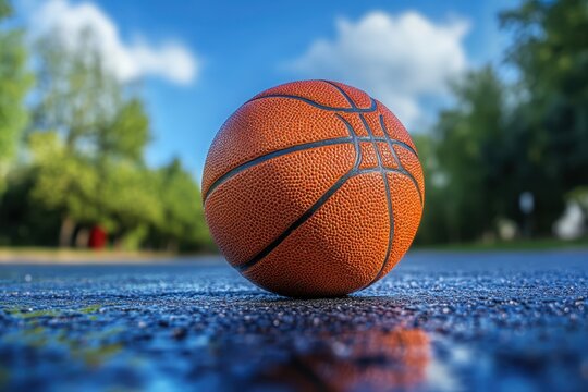 Basketball resting on a wet surface under a blue sky during a sunny day in the park - Powered by Adobe