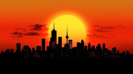 Vibrant Sunset Over City Skyline Silhouette