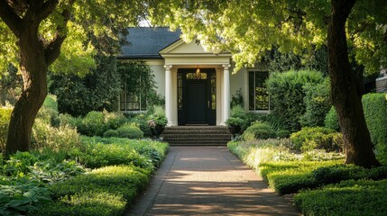 Classic Oregon Home Entrance with Lush Greenery