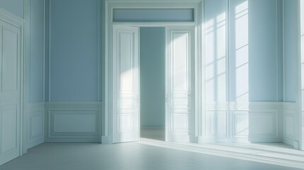 Fototapeta premium Light Floods Through Open Double Doors in Bright Room