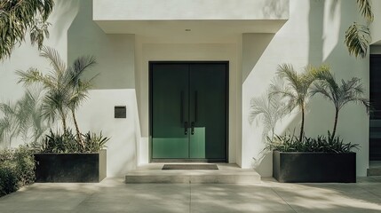 Minimalist Dark Green Front Door with Plants