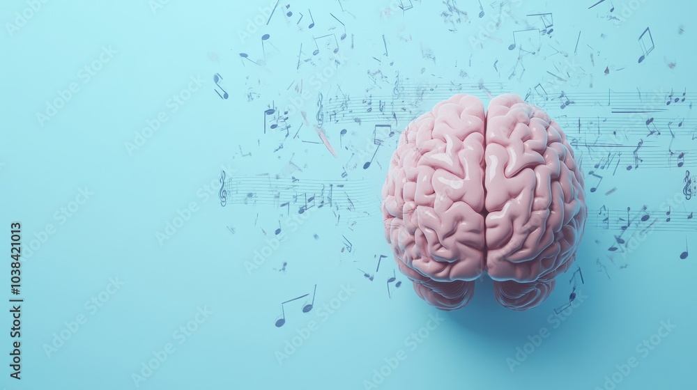 Poster The artwork features a brain sending out musical notes, highlighting the link between music and cognition on a soft blue background. Generative AI