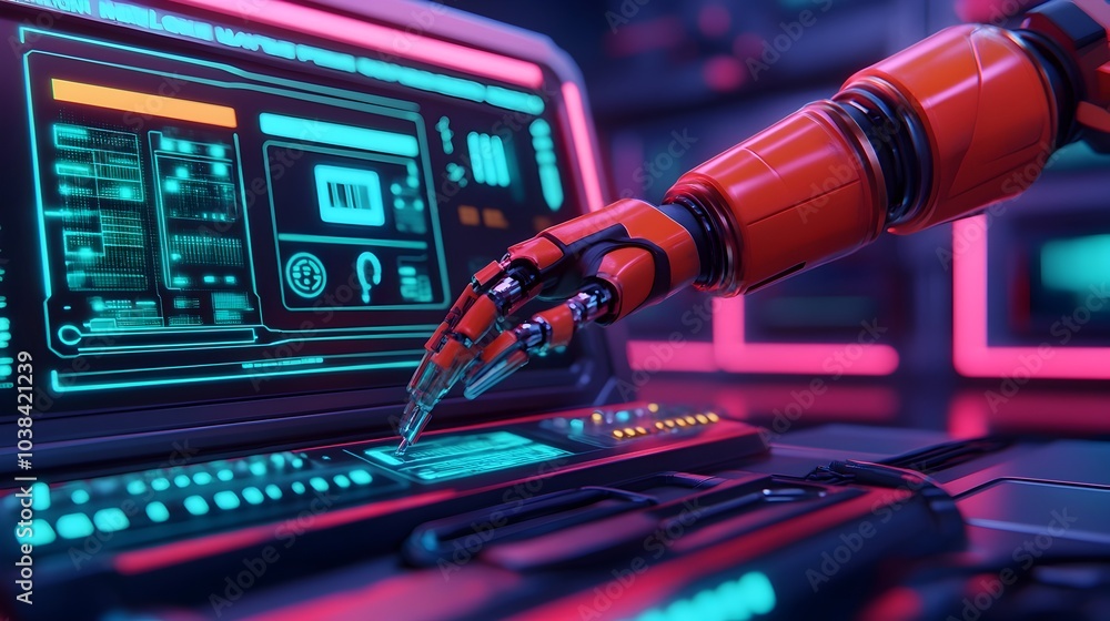 Aufkleber robotic arm meticulously adjusting the advanced interface of a futuristic car surrounded by floating