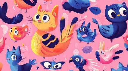 Obraz premium Colorful Cartoon Animals on Pink Background