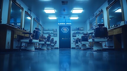 A minimalistic and modern barbershop featuring holographic styling tips and ample copy space on the mirror and walls creating a sleek and innovative atmosphere for the latest hair and grooming trends