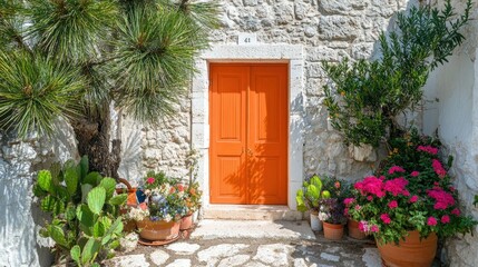 Bright Orange Door with Greenery and Flowers