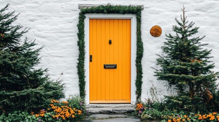 Fototapeta premium Bright Orange Door Surrounded by Green Trees and Flowers
