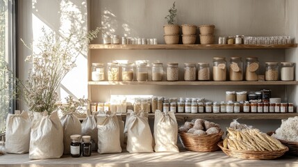 Fototapeta premium Organic products on display, packed in compostable bags, paper wraps, and glass jars, minimalist design, muted earth tones, soft sunlight filtering through