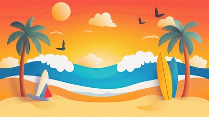 Fototapeta premium Serene Beach Sunset with Palm Trees and Surfboards
