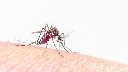 Mosquito-borne virus EEE. A close-up of a mosquito feeding on human skin, with its proboscis deeply embedded in the flesh.