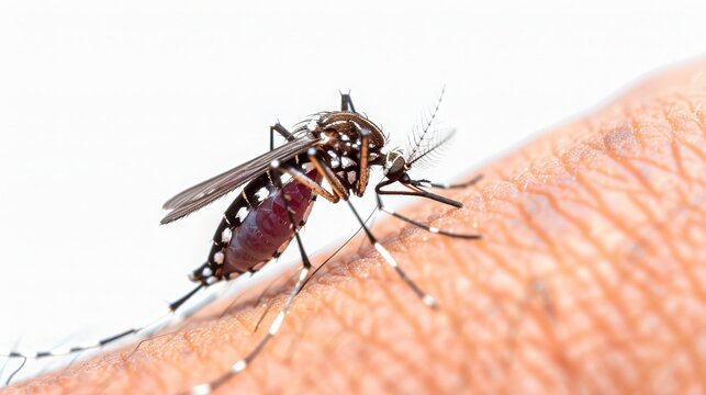 Mosquito-borne virus EEE. A close-up of a mosquito feeding on human skin, with its proboscis deeply embedded in the flesh.
