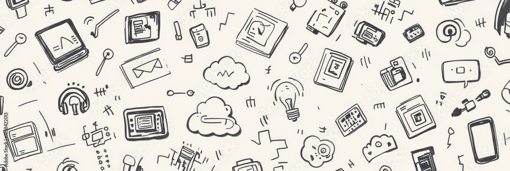 Aufkleber a collection of hand-drawn doodles features various technology items like computers, smartphones, an
