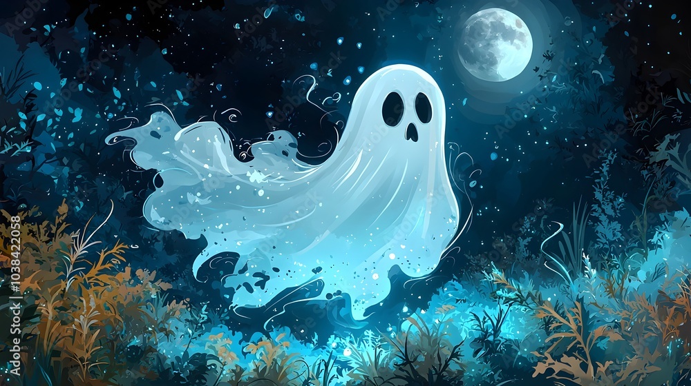 Poster mysterious floating ghost figure saying boo in a playful font against an eerie full moon backdrop cr