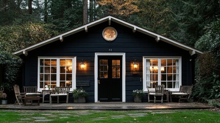 Traditional Cottage with Black Door Surrounded by Nature