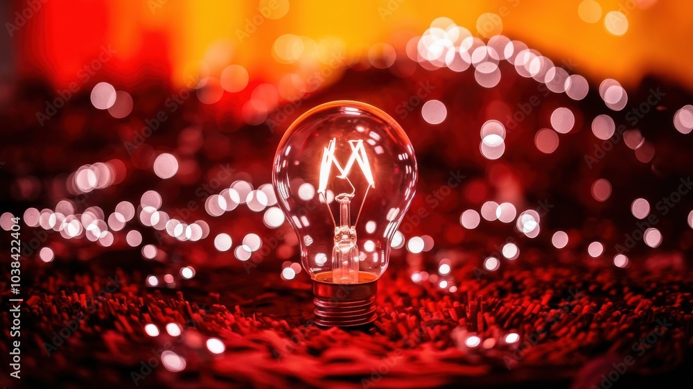 Poster light bulb glowing on a vibrant red backdrop with sparkling bokeh lights.