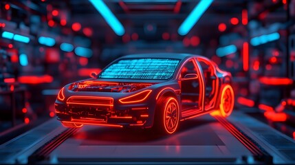 Autonomous robotic systems repairing and maintaining electric car components using advanced holographic displays in a futuristic metallic workshop with dark neon lighting