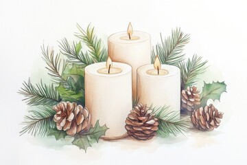 A cozy arrangement of three lit candles surrounded by pine branches and pinecones, creating a warm and inviting atmosphere, perfect for festive or peaceful occasions.