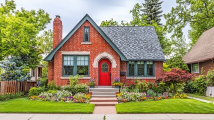 Obraz premium Traditional Red Brick House with Vibrant Garden