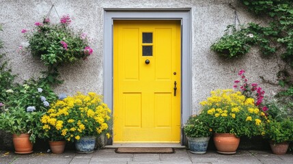 Fototapeta premium Bright Yellow Door Among Colorful Flowers and Plants
