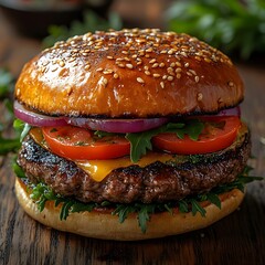 Juicy organic beef burger topped with vibrant fresh vegetables and golden buns set on a rustic wooden table showcasing farm to table freshness and culinary delight