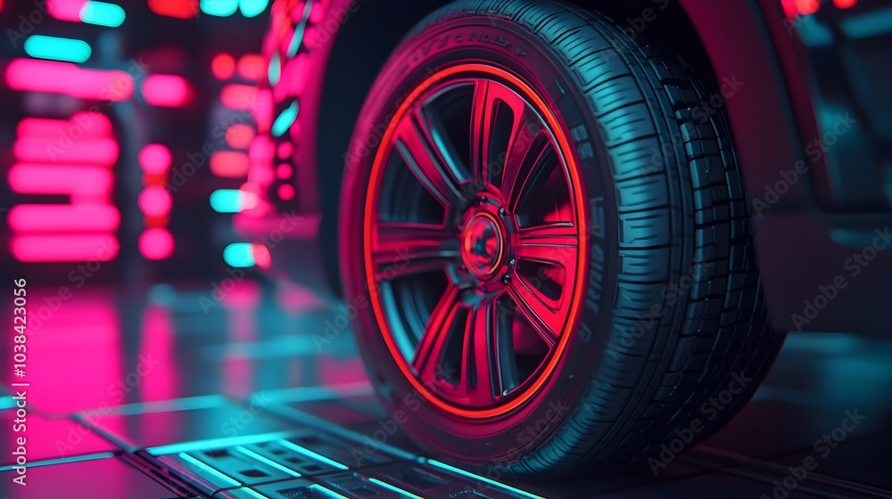 Poster a futuristic scene of a robotic mechanism performing a tire alignment check on a levitating vehicle 
