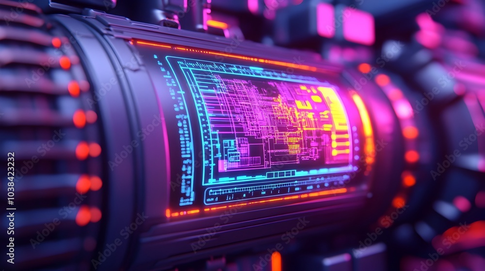 Poster robotic engineer utilizing augmented reality to repair high tech engine in futuristic sci fi setting