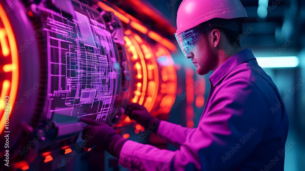 Poster robotic engineer using advanced augmented reality technology to repair a high tech engine surrounded