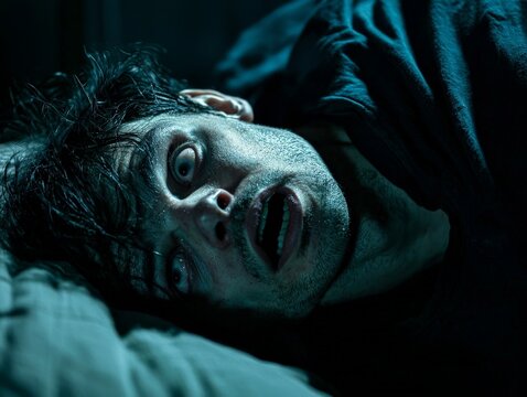 Close-up of someone experiencing Sleep Paralysis, with clear lighting highlighting the tension and immobility in the moment