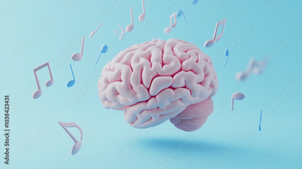 Aufkleber a brain surrounded by floating musical notes on a soft blue background, illustrating music's impact 