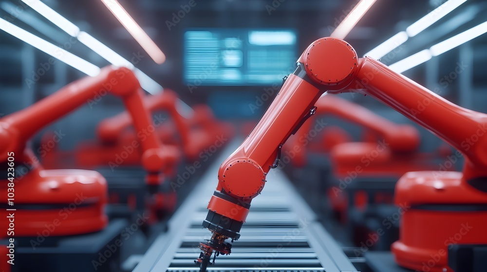 Poster a group of autonomous robots assembling electric car parts in a futuristic industrial factory settin