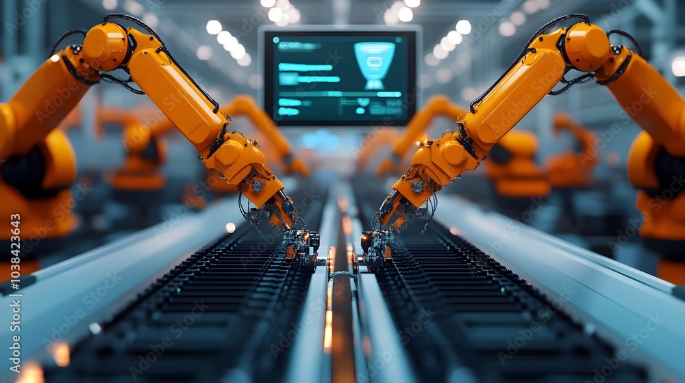 Poster autonomous robots meticulously assembling electric car parts on a high tech factory floor with a hol