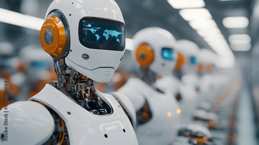 Poster autonomous robots working together to assemble electric car components in a high tech futuristic ind