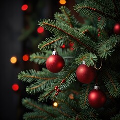 Close-up of a decorated Christmas tree with red baubles and blurry lights in the background.