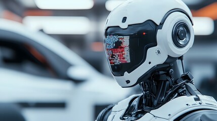 Fototapeta premium An robot technician repairing and maintaining the advanced systems of a driverless autonomous vehicle in a sleek futuristic workshop filled with holographic data displays and high tech machinery