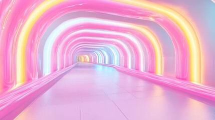 A long tunnel with neon lights in it