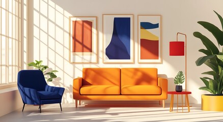 Colorful and modern living room with a large sofa. Vibrant abstract art on the walls, wood accents and sunlight streaming in through large windows. Minimal modern interior design style.