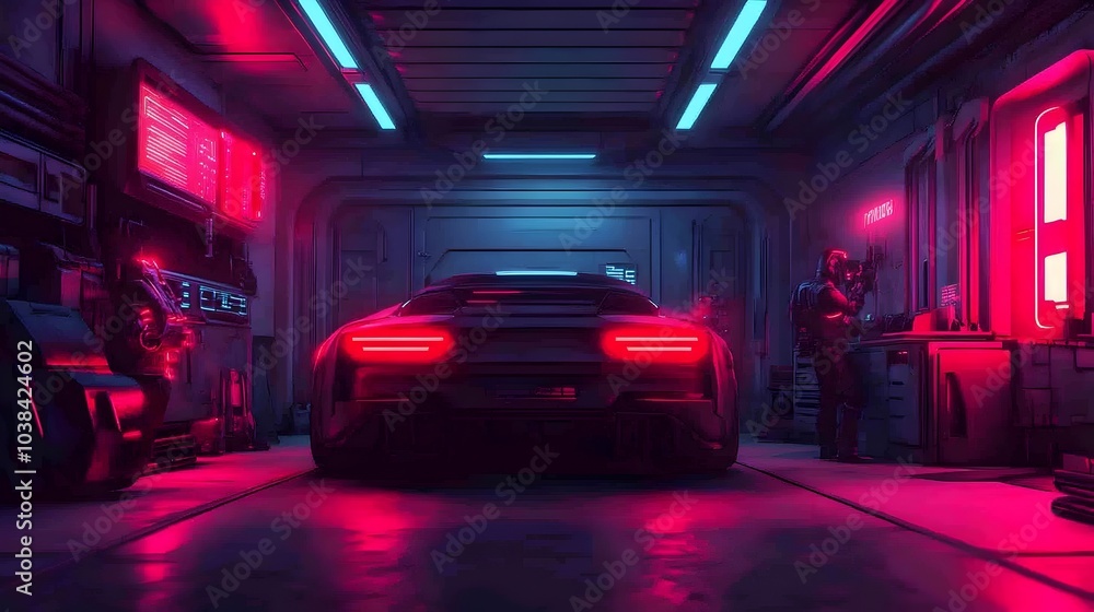 Poster of futuristic robot mechanics working on repairing a levitating car using holographic tools in a neo