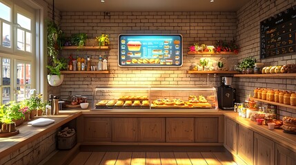 A photograph of a small boutique caf featuring a modern minimalist design with pastries on display and holographic nutritional information hovering near the food counter