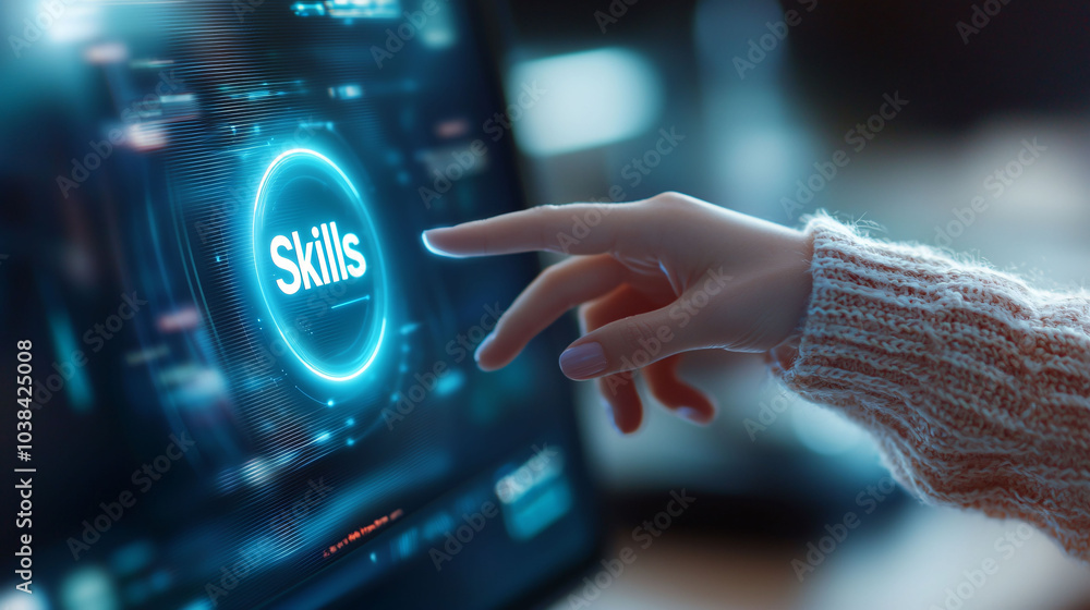 Poster hand reaching towards glowing skills icon on digital screen, symbolizing pursuit of knowledge and pe
