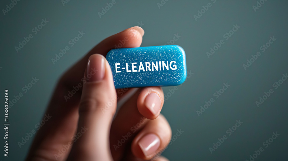 Poster e-learning is represented by vibrant blue button held in hand, symbolizing modern education and digi