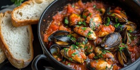 Delicious seafood stew with mussels and tomatoes in a black pot. The rich flavor blends perfectly with fresh herbs. Served with crusty bread for a hearty meal. AI