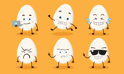 funny chicken white egg cartoon character with many pose activity vector illustration
