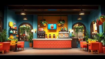 A photograph of a stylish and modern caf featuring latte art on the tables and holographic drink customization options hovering near the barista s station