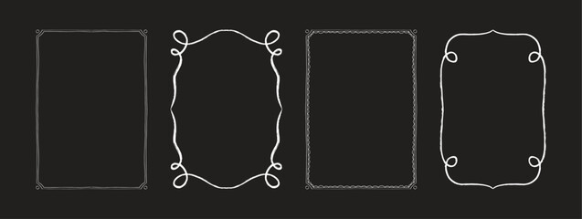 Set of decorative frames. Hand drawn wavy frames for trendy invitations, cards, menu design. Vector illustration of rectangular border frames isolated on black background.